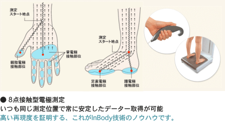 8点接触型電極測定　いつも同じ測定位置で常に安定したデーター取得が可能高い再現度を証明する、これがInBody技術のノウハウです。